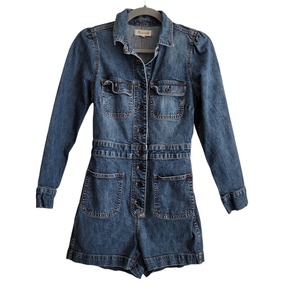 Madewell Women's 0 Denim Long-Sleeve Romper in Vasey Wash AL731 - Picture 2 of 16